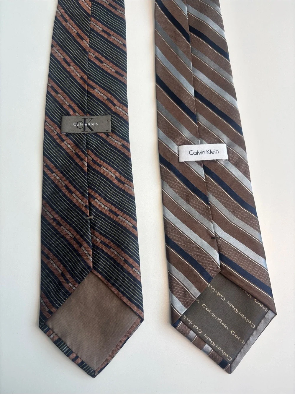 Calvin Klein Brown, Navy & Light Gray Striped Silk Tie Pair-598sku